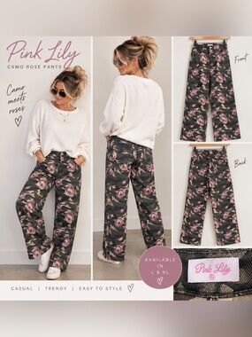 Pink Lily Olive Camo Pants with Pink Rose Print